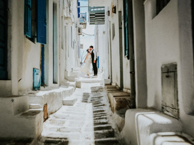 Film aesthetics photography, wedding photograph of a new married couple in Mykonos Greece
