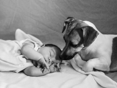 New born and dog emotional image