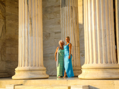 grandmother and granddaughter photographed in Athens at Greek classic and ancient history elegant style, family photographer