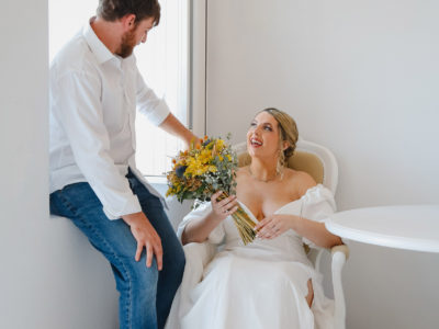 bride and groom before their symbolic wedding in Santorini island